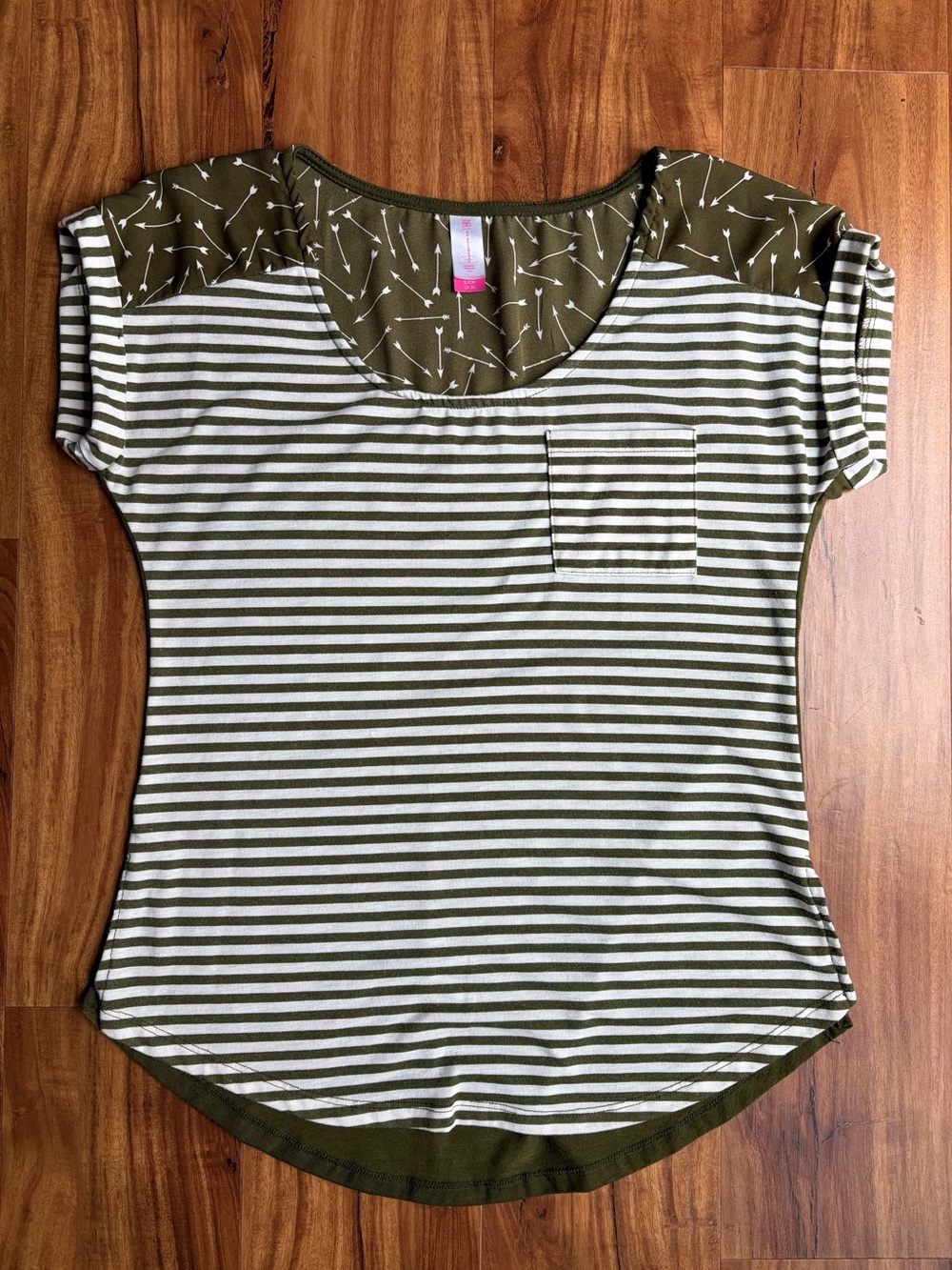 No Boundaries Olive and White Striped Pocket Tee with Arrow Yoke